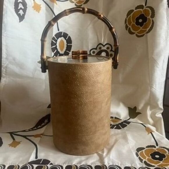 Vintage MCM Faux Ostrich Ice Bucket With Bamboo Handle & Lid READ - Picture 2 of 11